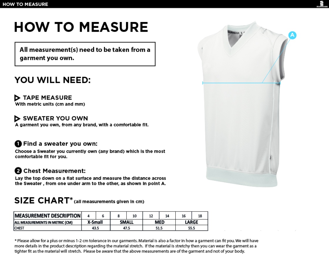 Farncombe CC Blast Sleeveless Women's Cricket Sweater - Size Guide