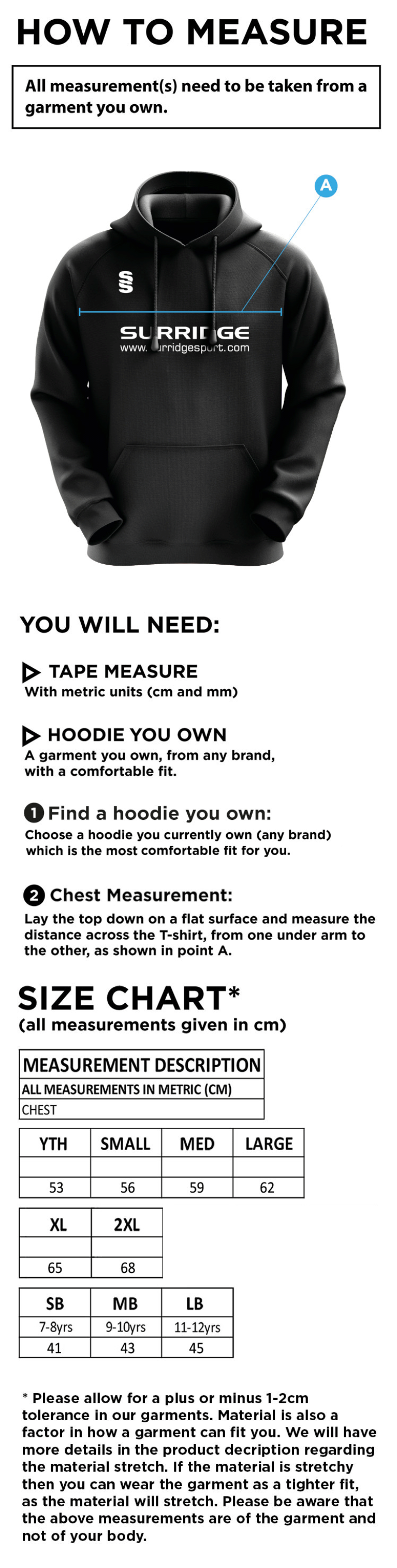 Farncombe CC - Blade Hoody - Size Guide