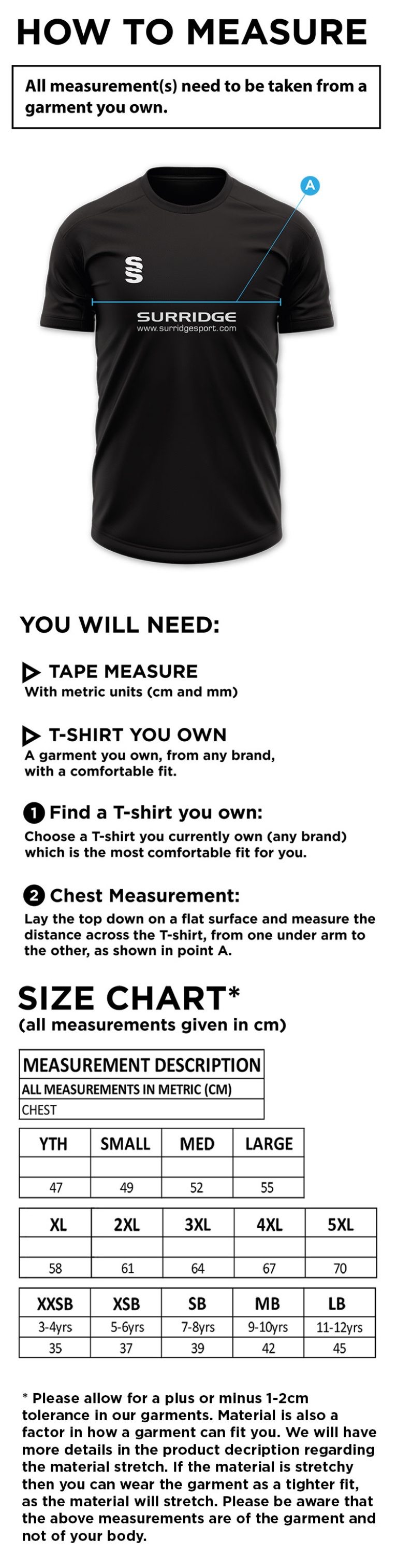Farncombe CC - Blade Training Shirt - Size Guide