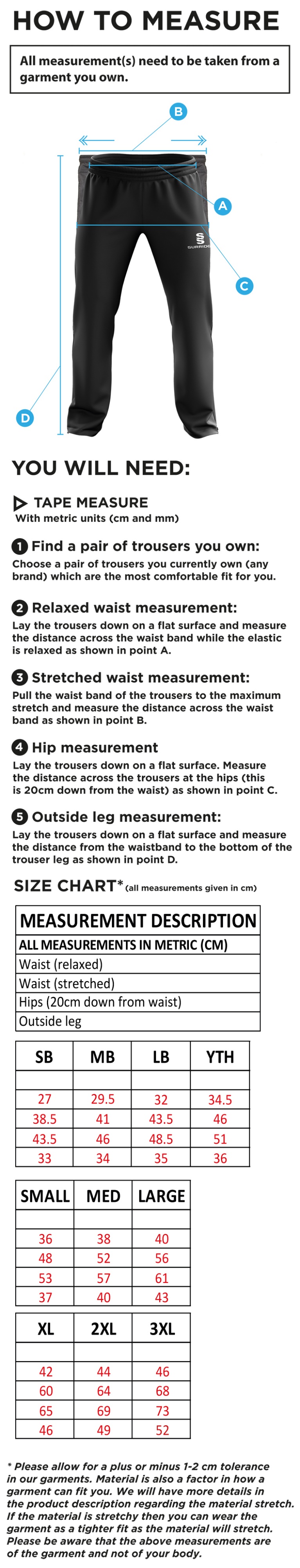 Farncombe CC - Ripstop Track Pant - Size Guide