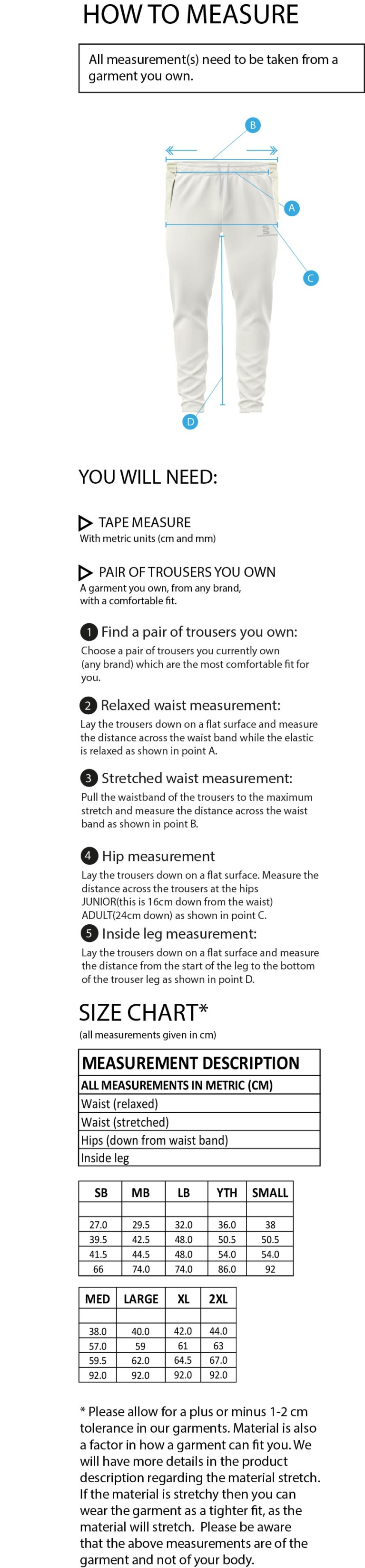 Farncombe CC - Tek Playing Pants - Size Guide
