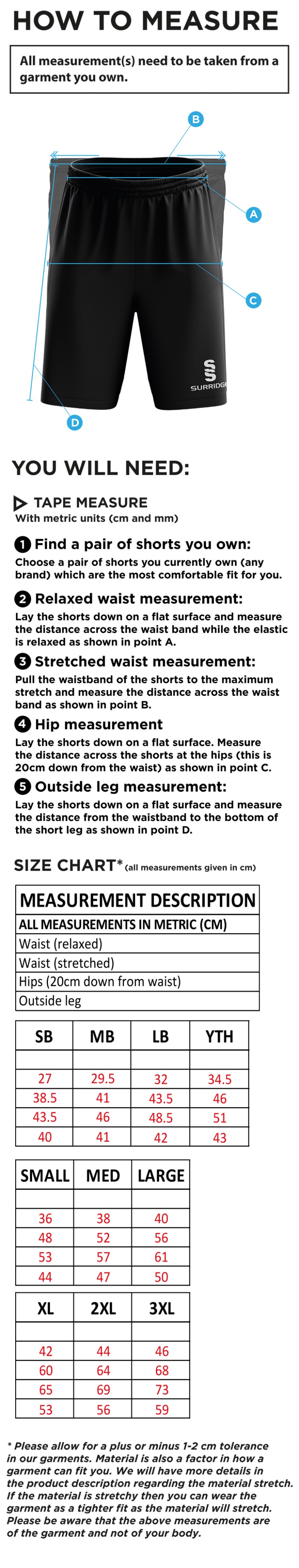 Farncombe CC - Blade Training Shorts - Size Guide
