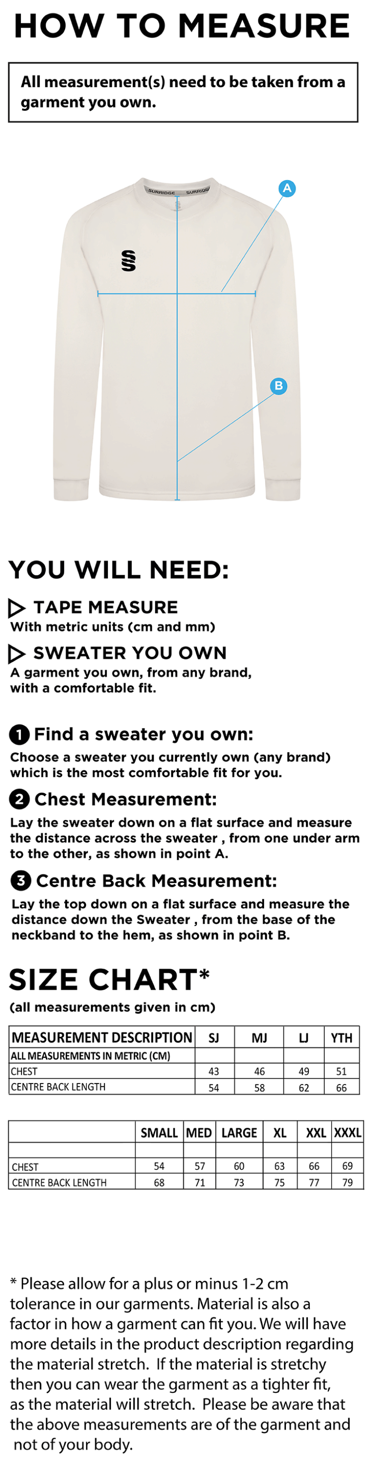 Farncombe CC Blast Long Sleeve Cricket Sweater - Size Guide