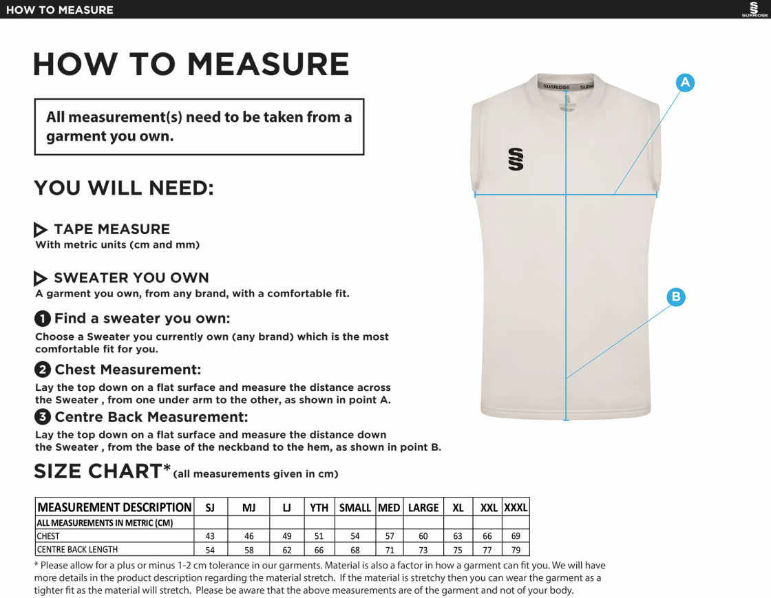 Farncombe CC Blast Sleeveless Cricket Sweater - Size Guide