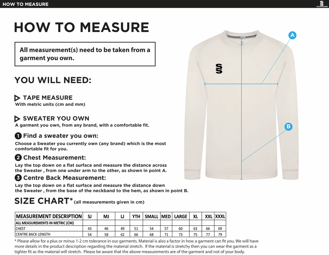 Farncombe CC Blast Long Sleeve Cricket Sweater - Size Guide