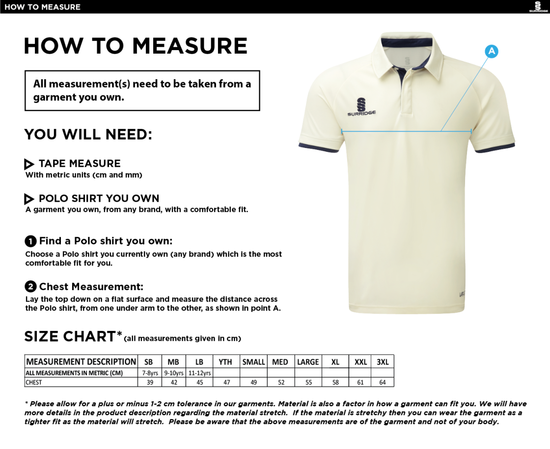 Farncombe CC - Ergo S/S Playing Shirt - Size Guide