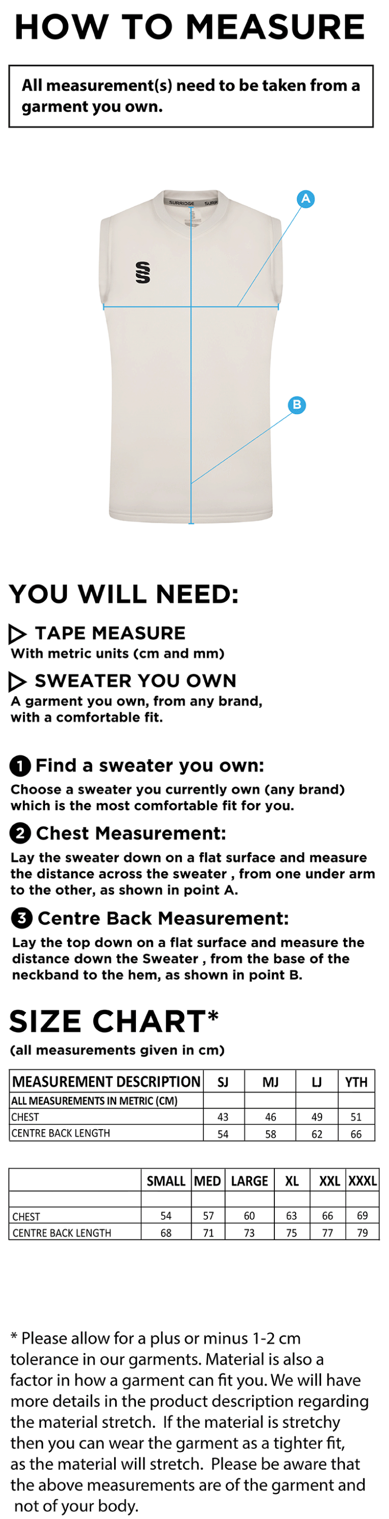 Farncombe CC Blast Sleeveless Cricket Sweater - Size Guide