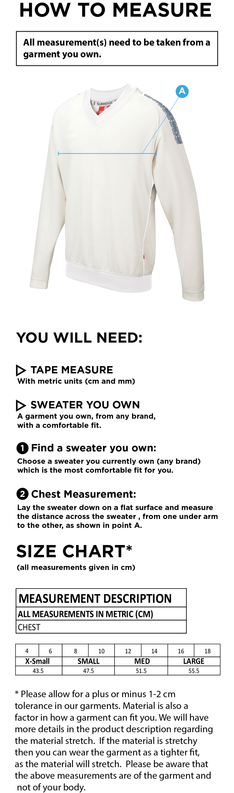 Farncombe CC Blast Long Sleeve Women's Cricket Sweater - Size Guide