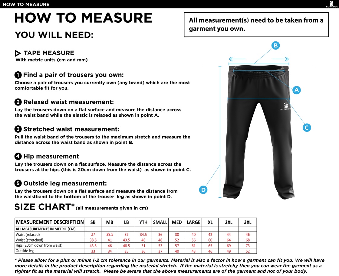 Farncombe CC - Ripstop Track Pant - Size Guide