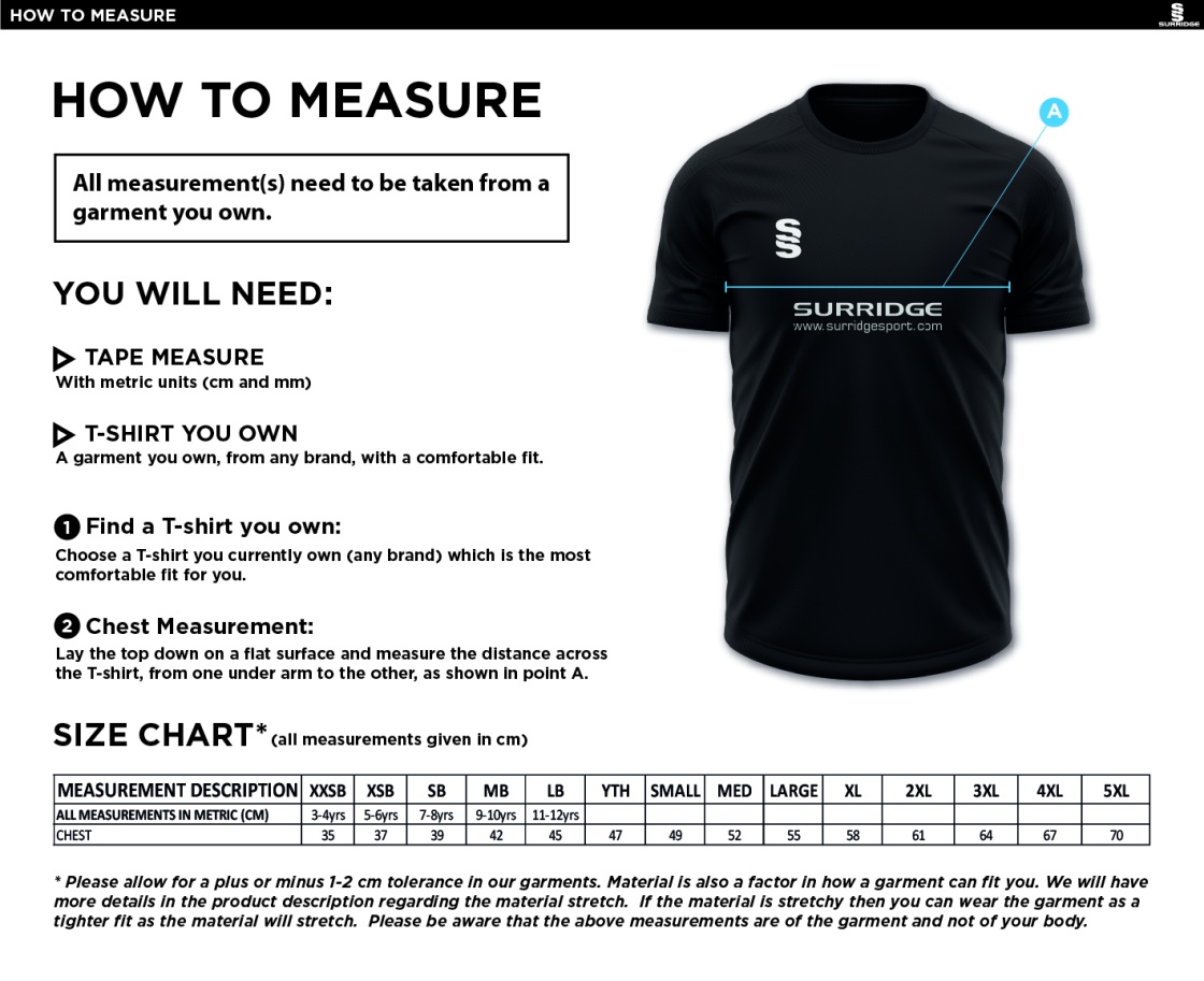 Farncombe CC - Blade Training Shirt - Size Guide