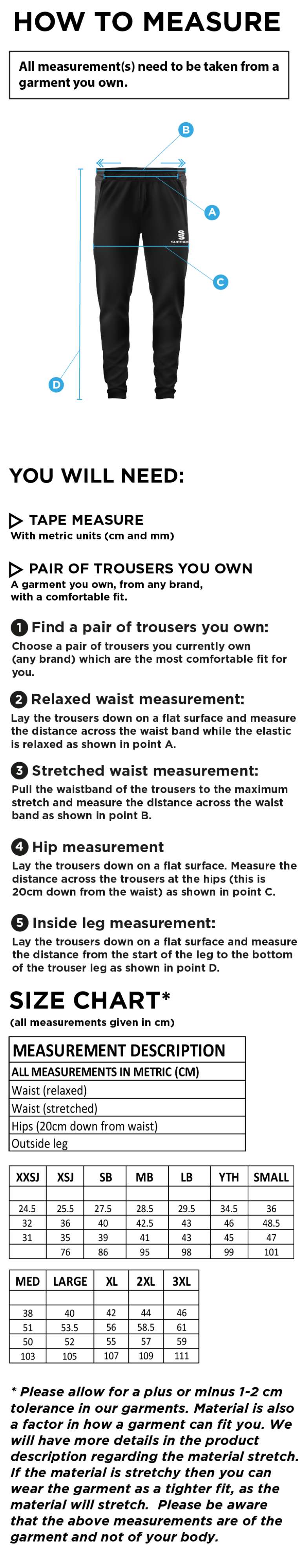 Farncombe CC - Tek Pants - Size Guide