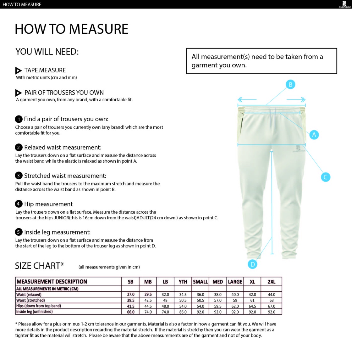 Farncombe CC - Tek Playing Pants - Size Guide