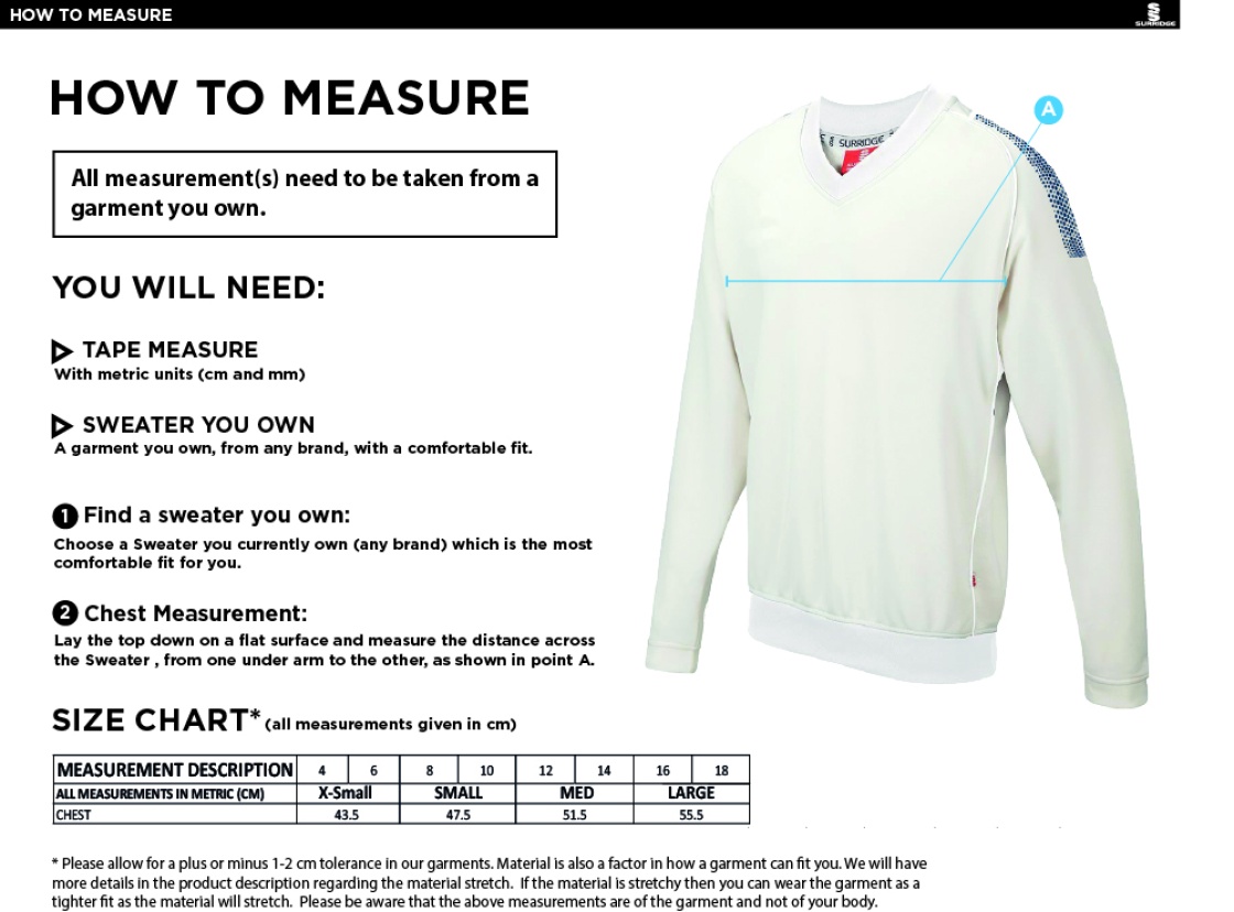Farncombe CC Blast Long Sleeve Women's Cricket Sweater - Size Guide