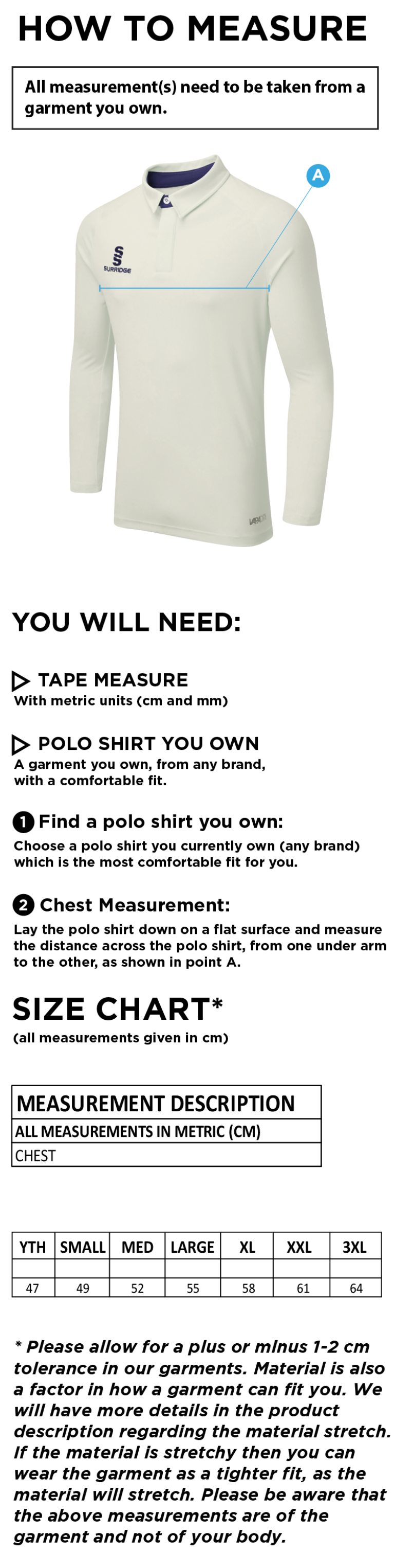 Farncombe CC - Ergo L/S Playing Shirt - Size Guide