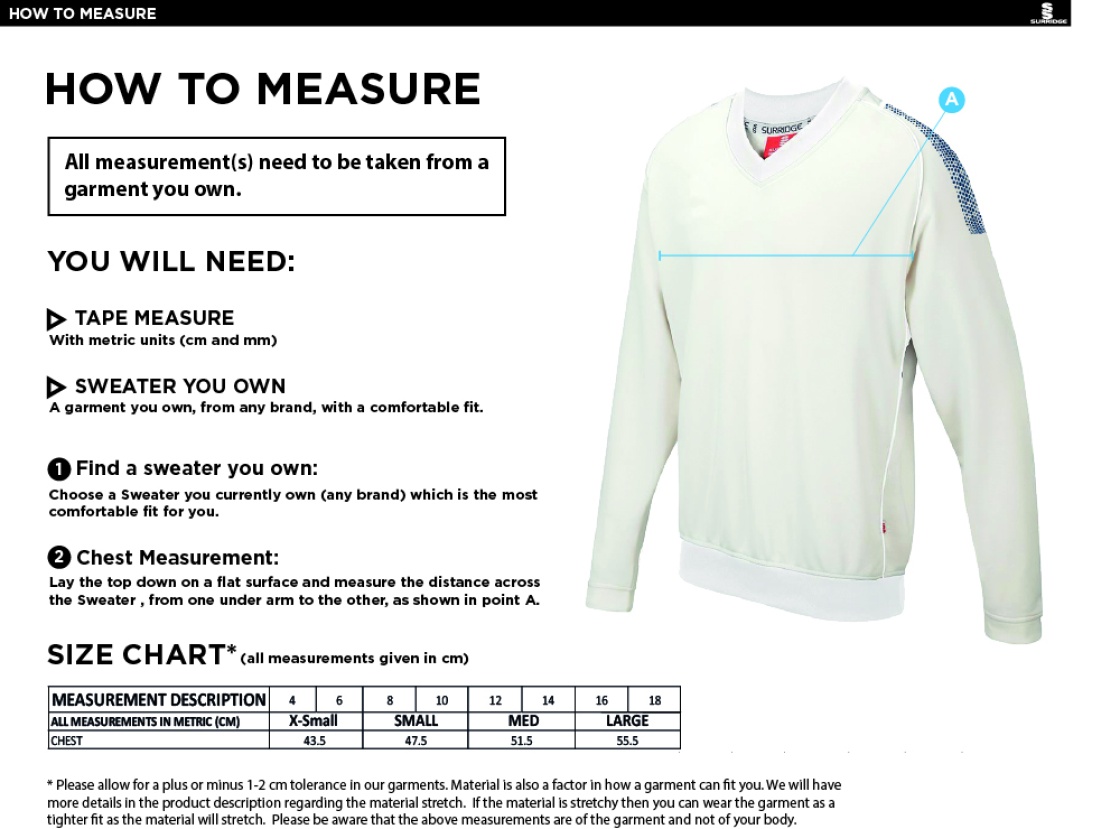 Farncombe CC Blast Long Sleeve Women's Cricket Sweater - Size Guide
