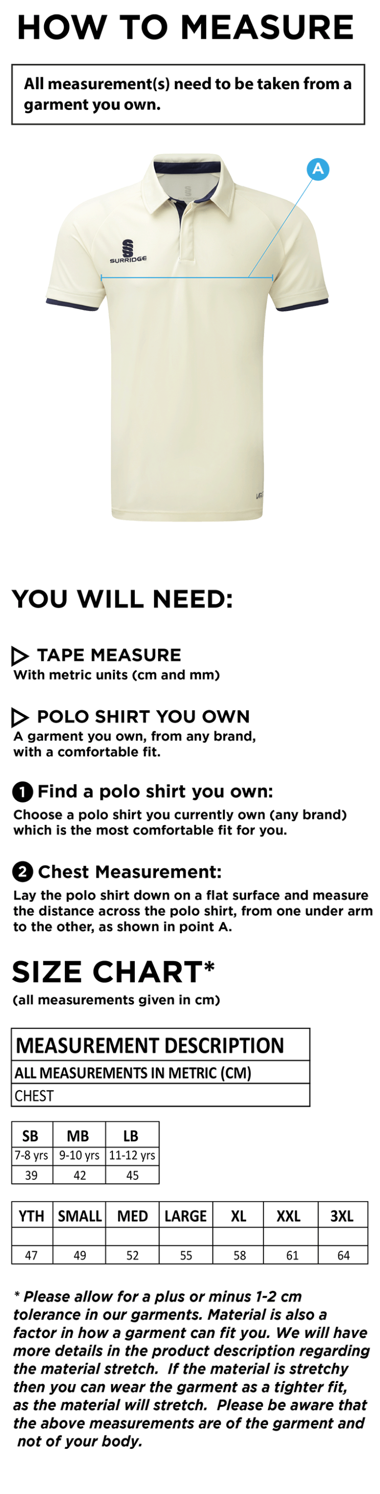 Farncombe CC - Ergo S/S Playing Shirt - Size Guide