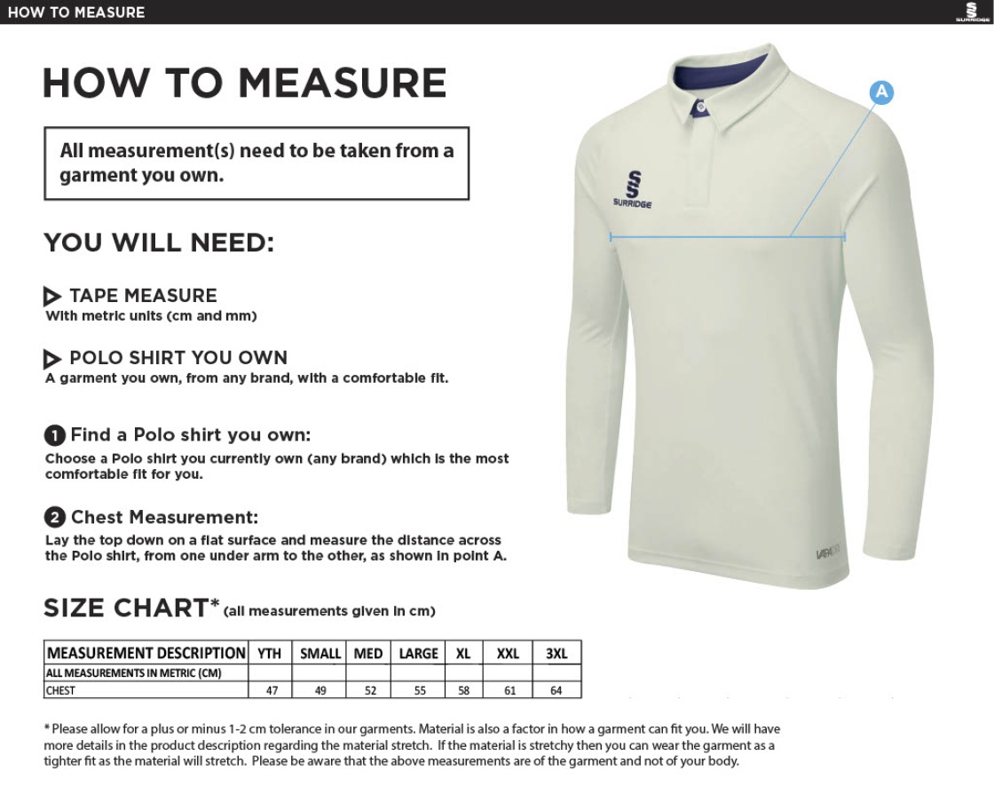 Farncombe CC - Ergo L/S Playing Shirt - Size Guide